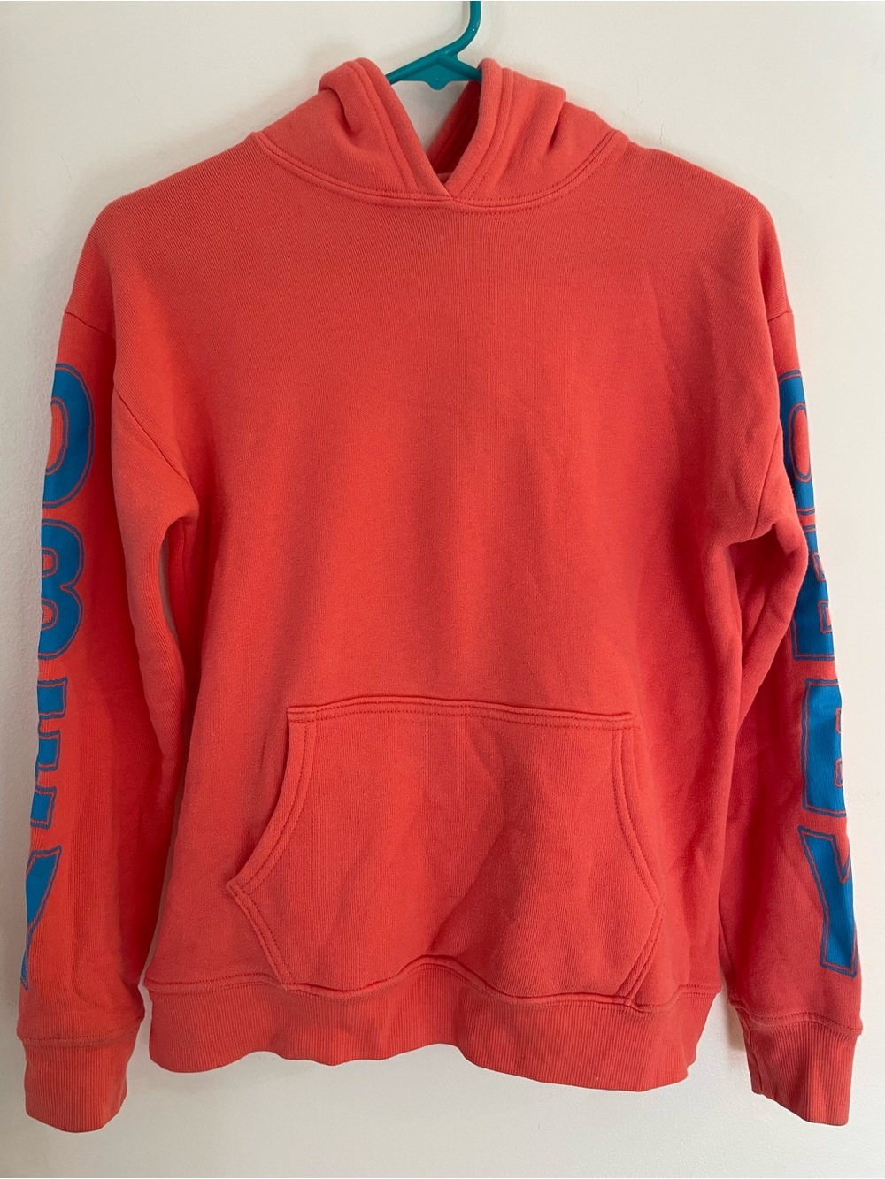 OBEY Hoodie Sweatshirt with Blue Sleeve Lettering, Size S